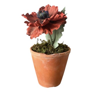 Vintage Potted Tole Red Poppy Flower / Floral Arrangement by Artist Helen Hornberger in an Antique Terracotta Pot For Sale