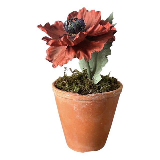 Vintage Potted Tole Red Poppy Flower / Floral Arrangement by Artist Helen Hornberger in an Antique Terracotta Pot For Sale