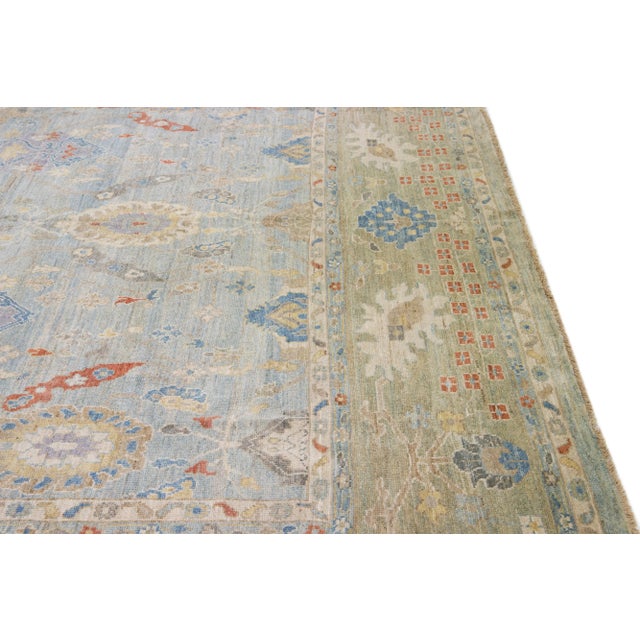 Mid 20th Century Modern Persian Sultanabad Blue Handmade Floral Wool Rug For Sale In New York - Image 6 of 11