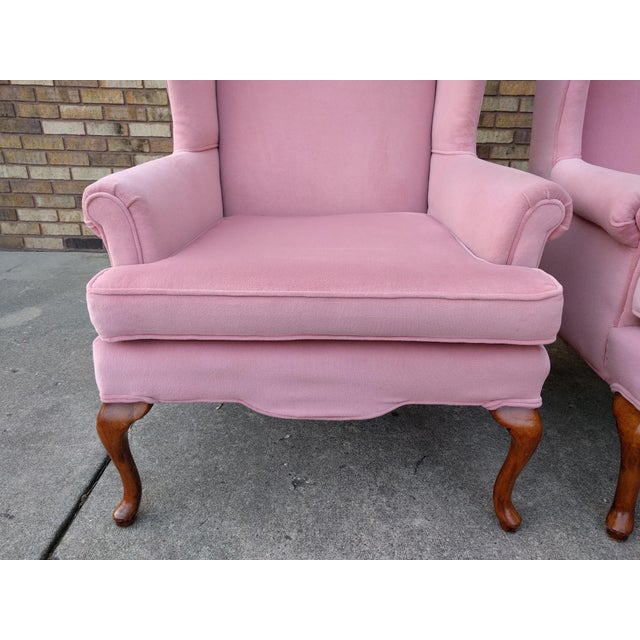 Vintage Queen Anne Pink Velvet Wingback Chairs by Sam Moore Furniture