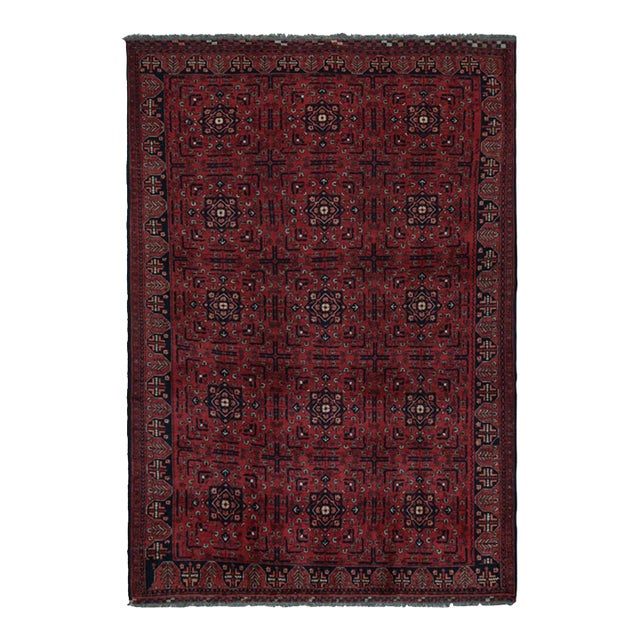 Rug & Kilim’s Afghan Baluch Tribal Rug in Burgundy and Blue Geometric Patterns For Sale