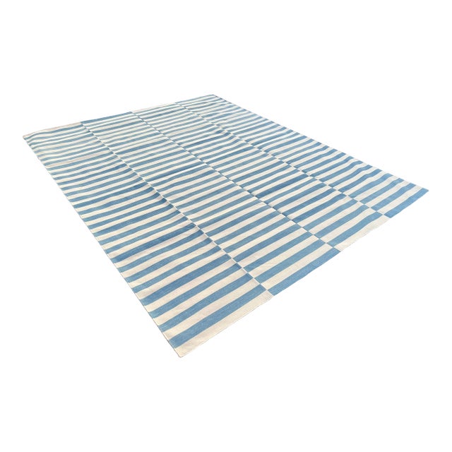 Handmade Cotton Rug, Sky Blue and White Natural Vegetable Dyed Up Down Striped Dhurrie- 12'x15' For Sale