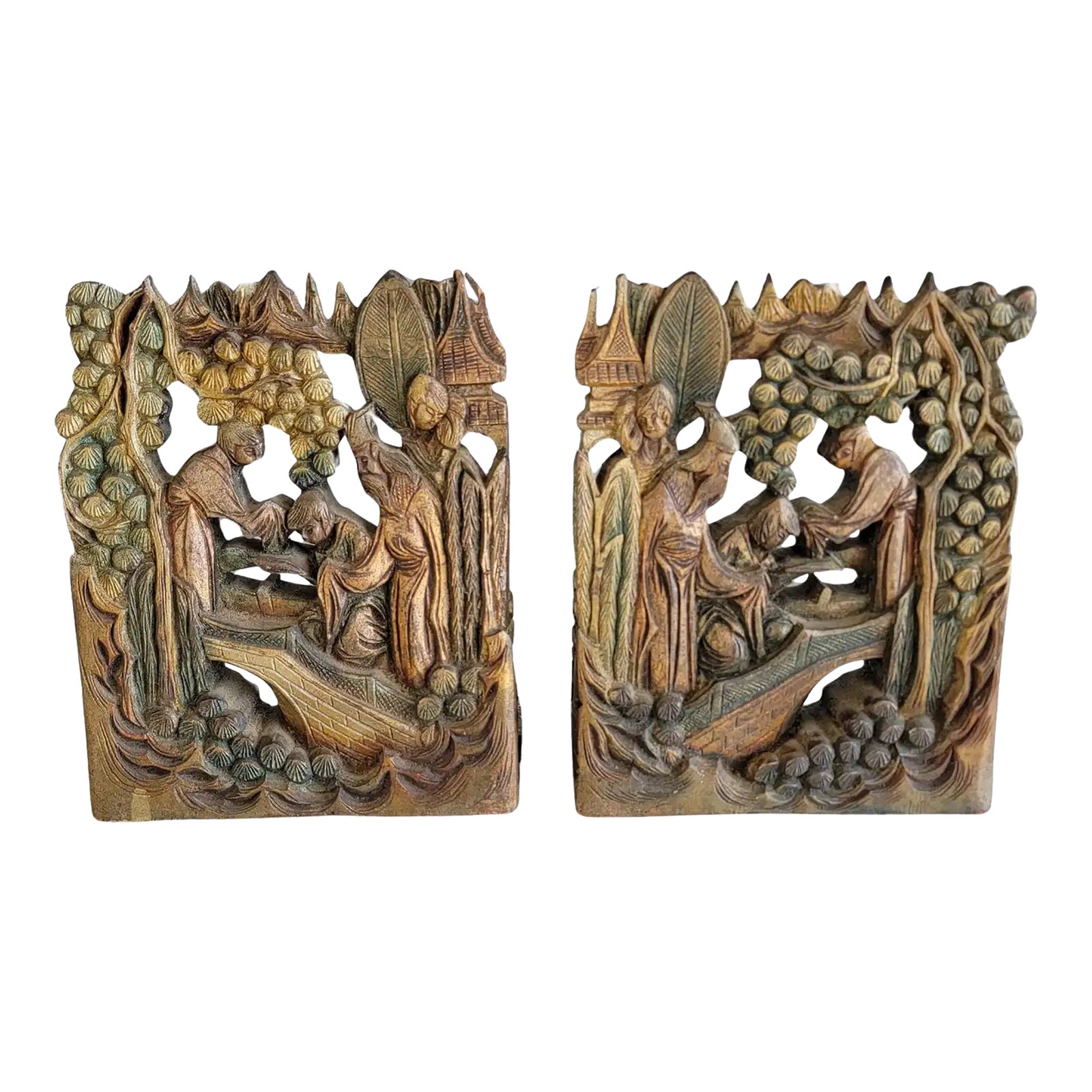 Chinese Bookends Hand Carved Figural | Chairish