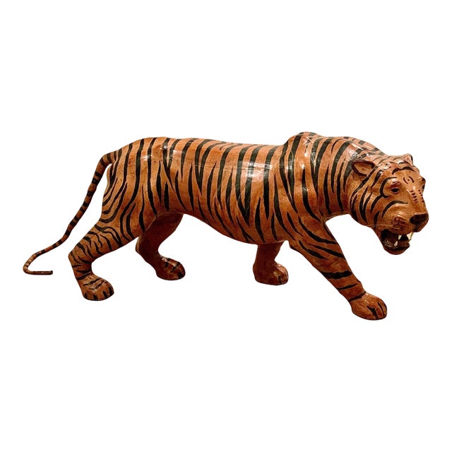 1960s Vintage Leather Wrapped Tiger Sculpture. For Sale