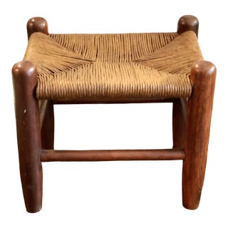 1940s Vintage Rustic Wooden & Woven Rush Footstool For Sale