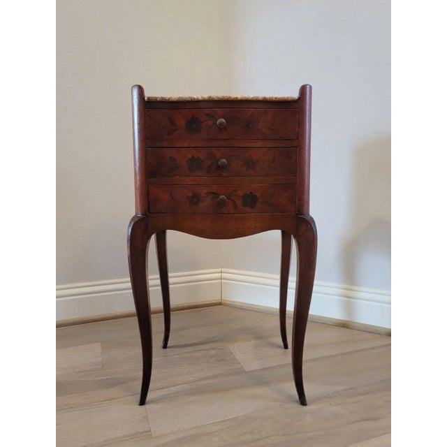 French 19th Century French Louis XV Style Marquetry Inlaid Marble Top Nightstand For Sale - Image 3 of 13