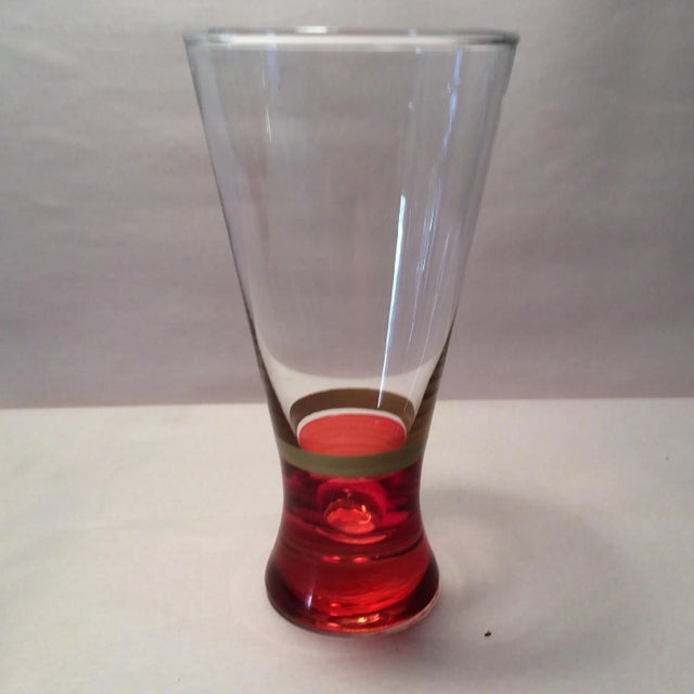 Contemporary Vintage Red Base With Gold Band Hand Blown Pilsner Glasses - Set of 4 For Sale - Image 3 of 11