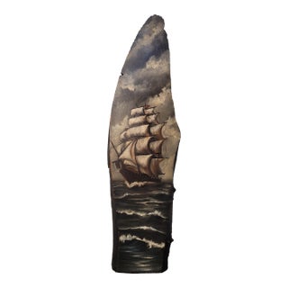 Mid-Century Nautical Ship Oil Painting on Live-Edge Wood Slab-Signed For Sale