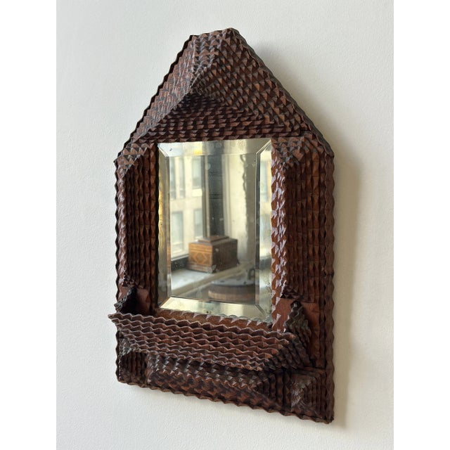 Antique Geometric Chip Carved Wall Pocket / Comb Box With Beveled Glass Mirror, Circa Late 19th Century For Sale - Image 4 of 17