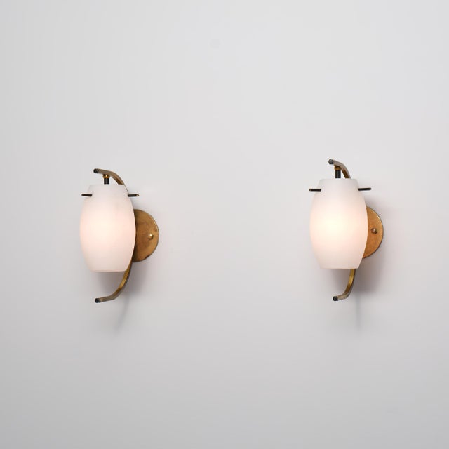 Metal Italian Brass and Opaline Glass Wall Sconces, 1950s, Set of 2 For Sale - Image 7 of 9