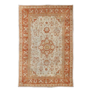 Antique Turkish Floral Oushak Rug in Cream, Rust Red, Orange and Green For Sale