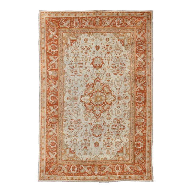 Antique Turkish Floral Oushak Rug in Cream, Rust Red, Orange and Green For Sale