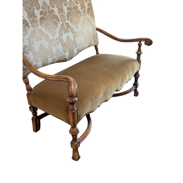1960s Custom Designed Neoclassical Style Vintage Bench/Loveseat With Carved Wooden Arms, Velour Camel Color Seat & Gold Damask Upholstery For Sale - Image 4 of 8