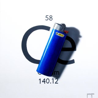 Cerium by Patrick Nevins | Oil on Board Blue lighter on a white background with text. For Sale