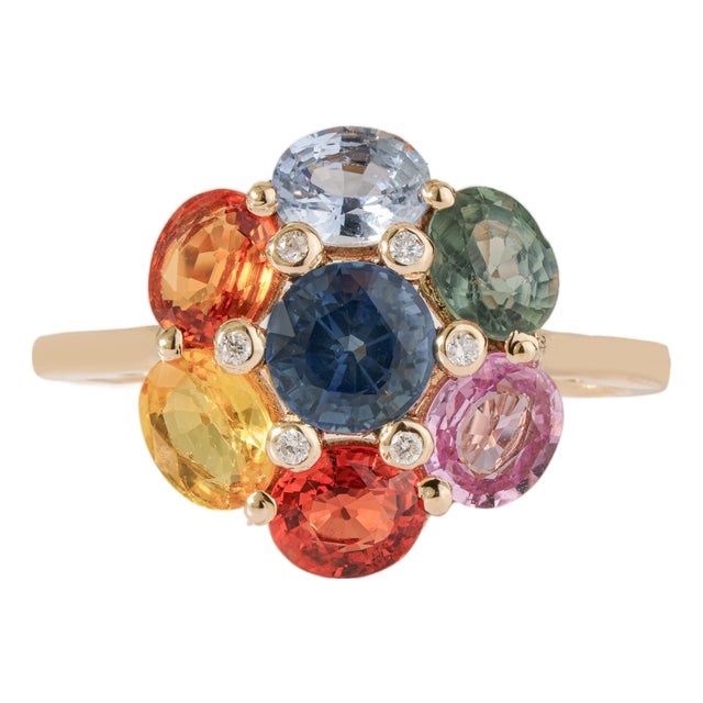 3.21 Carat Rainbow Sapphire and Diamond Floral Cluster Ring Size 6.5 in 14k Gold For Sale