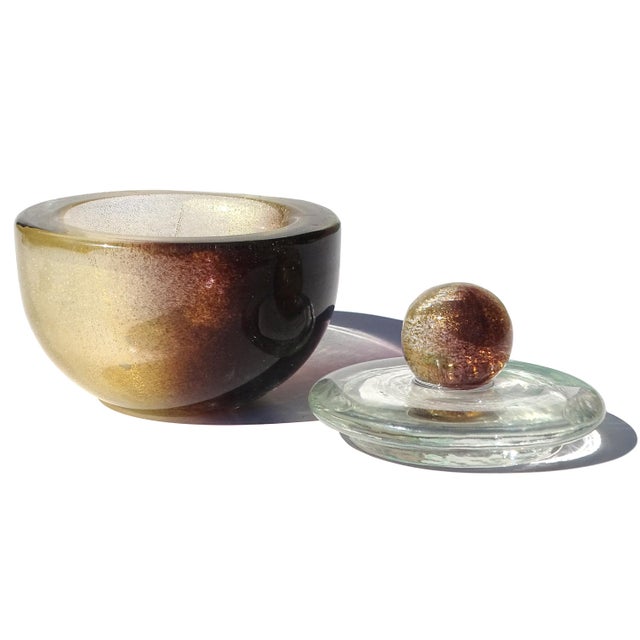 Mid-Century Modern Vintage Murano Seguso Pulveri Vanity Jewelry Box Dark Amethyst Gold Flecks Italian Art Glass Jar For Sale - Image 3 of 9