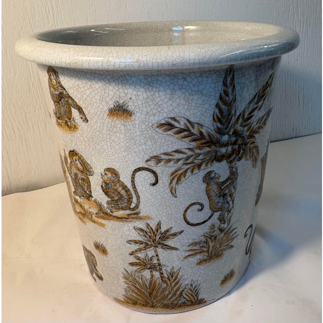 Chinoiserie Vintage Amita Chinoiserie Porcelain Monkey Motif Cachepot For Sale - Image 3 of 7