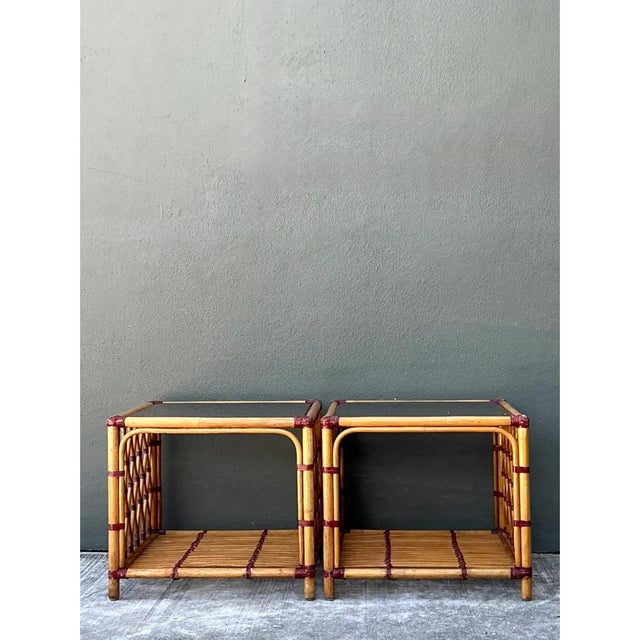 Camel Vintage Trellis Rattan and Glass Side Tables - Pair For Sale - Image 8 of 12