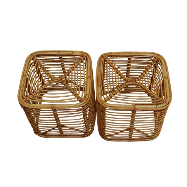 Tito Agnoli Square Rattan and Bamboo Stools by Tito Agnoli, Italy, 1960s, Set of 2 For Sale - Image 4 of 7