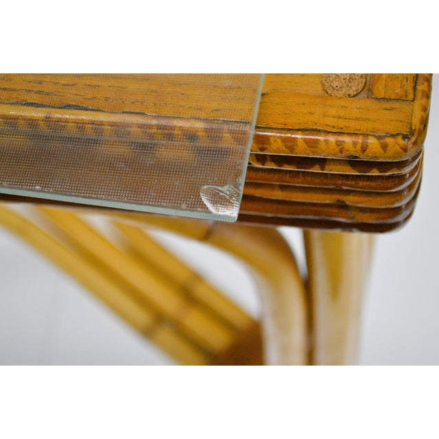 1950s Bamboo Bentwood Rattan Strand Glass Top X Base Console Accent Table For Sale - Image 9 of 11