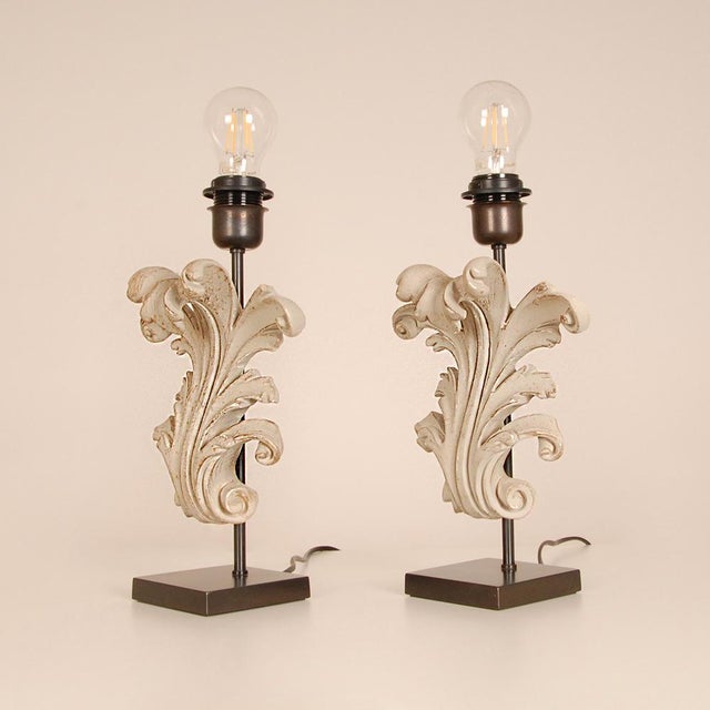 Vintage Table Lamps French Country Taupe Carved Wood Acanthus Leaf Tariff Free Delivery - A Pair For Sale - Image 9 of 12
