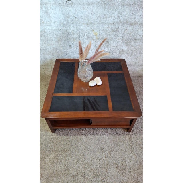 Modern Square Coffee Table in Wood with Black Glass Top, 1990s For Sale - Image 3 of 13