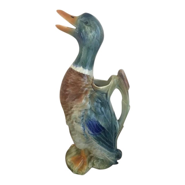 Large Antique 1940s French Majolica Duck Pitcher | Chairish