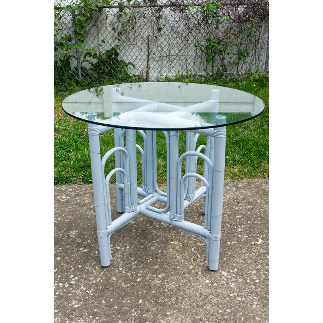 Postmodern Bamboo Rattan Patio Dining Set Table and Four Chairs Restored For Sale - Image 3 of 8