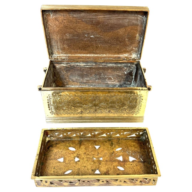 Metal Cast Brass Engraved Brazier Box with Pierced Charcoal Tray, North India For Sale - Image 7 of 18