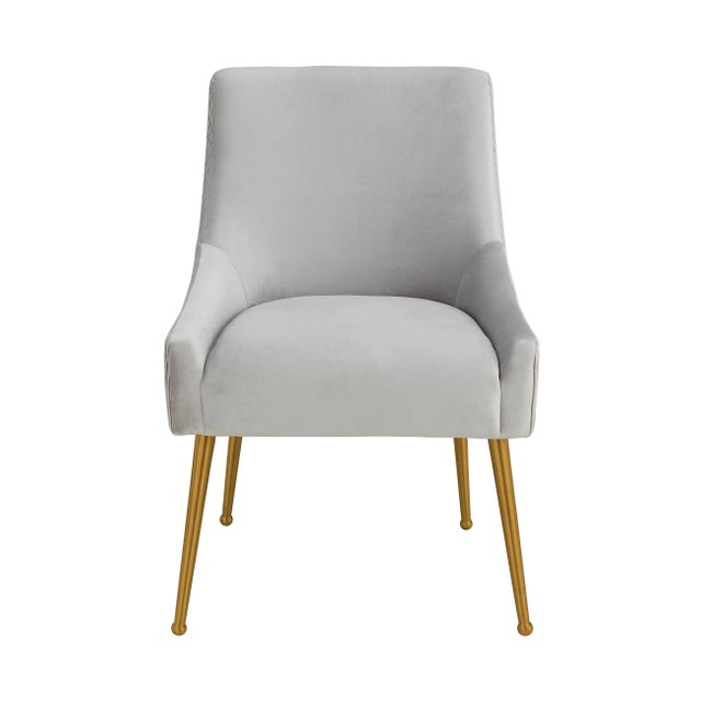 Transitional Beatrix Pleated Light Grey Velvet Side Chair with Gold Legs For Sale - Image 3 of 9