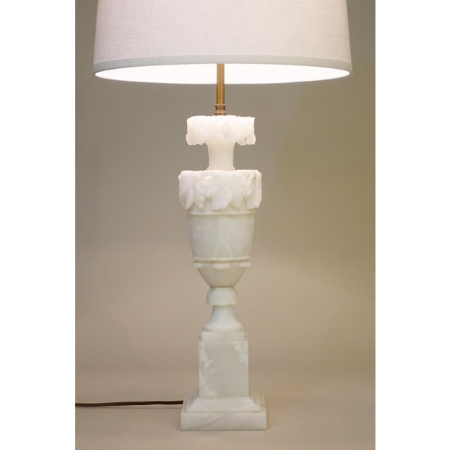 Metal 1930s XL Neoclassical Carved Urn Grapes Leaves Alabaster Marble Brass Table Lamp Italy For Sale - Image 7 of 13