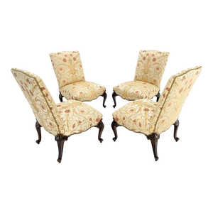 Floral Gold & Red Upholstery Fine Carved Legs Slipper Lounge Chairs - Set of 4