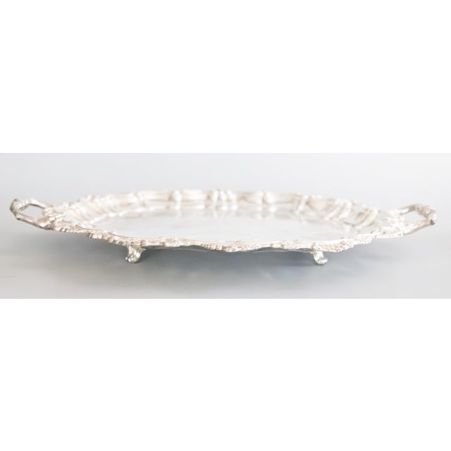 Art Nouveau Vintage Silver Plate Scalloped Shell Footed Serving Tray With Handles For Sale - Image 3 of 10