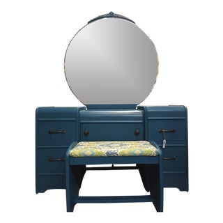 Antique Deco Peacock Teal Vanity & Stool For Sale