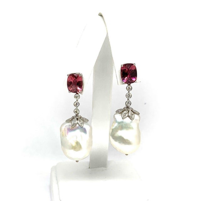 Diamond Rubellite Tourmaline Pearl Earrings 18k Gold 6.25 TCW Certified For Sale - Image 10 of 12