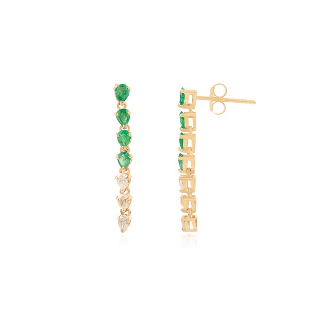 Contemporary Emerald Diamond Wedding Dangle Earrings in 14k Gold- A Pair For Sale - Image 4 of 13