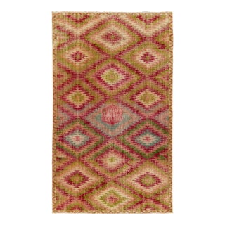 Vintage Distressed Deco Rug in Red, Green, Pink Geometric Pattern For Sale