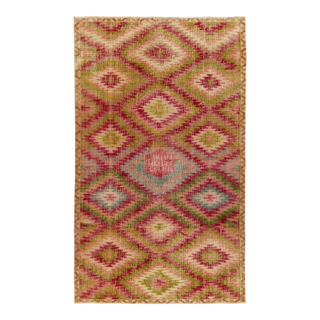 Vintage Distressed Deco Rug in Red, Green, Pink Geometric Pattern For Sale