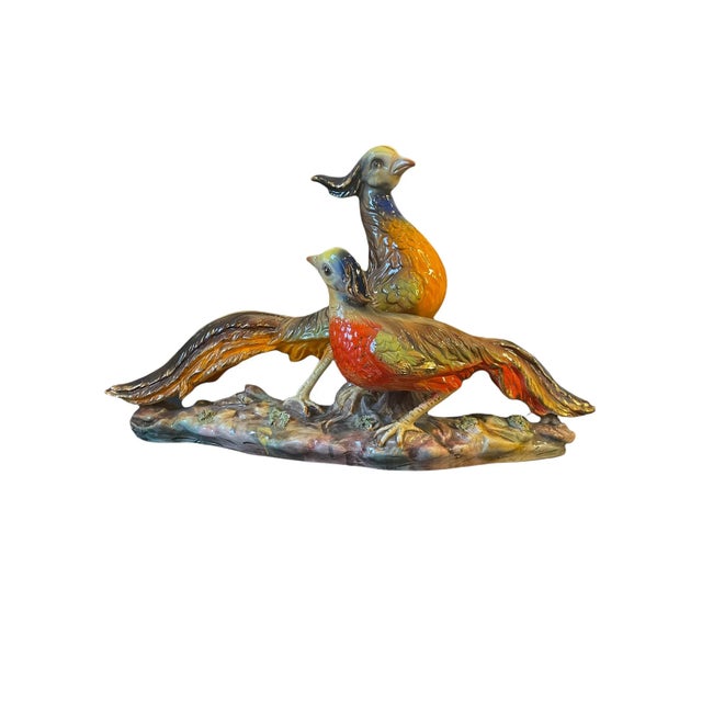 Vintage Large Italian Colorful Glazed Porcelain Pheasant Couple Sculpture For Sale - Image 13 of 13
