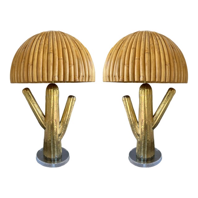 Rattan and Brass Cactus Lamps, Italy - a Pair For Sale