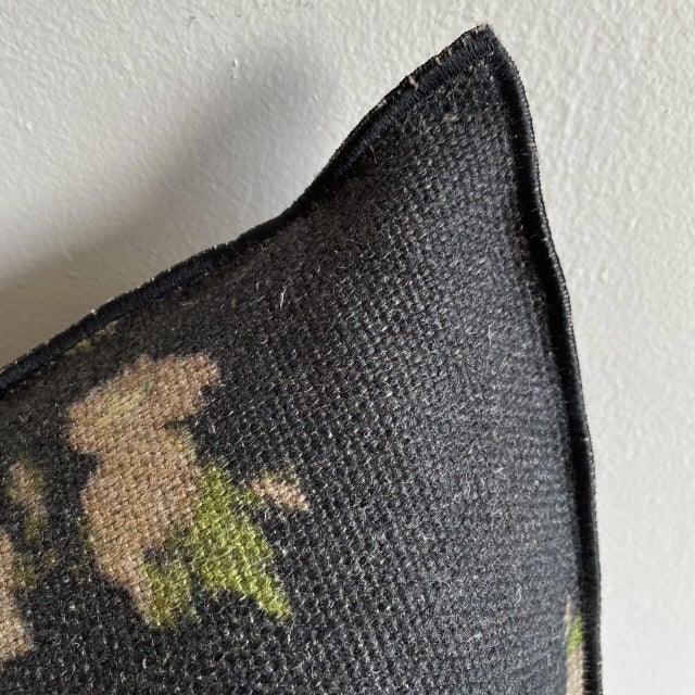 Custom linen blend accent pillow. Color: Crème A beige floral/ light grey colored nubby textured style pillow with a...