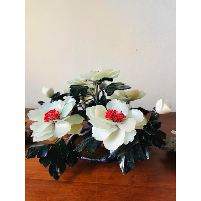 Mid 20th Century Rare Carved Green Jade Peony Flower Statement Centerpiece and Two Matching Candle Holders For Sale - Image 5 of 12