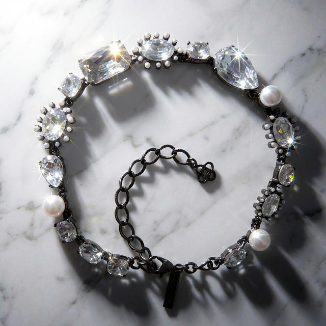 Oscar De La Renta Hematite Plated Crystal Pearl Multi-Stone Statement Necklace For Sale - Image 12 of 14