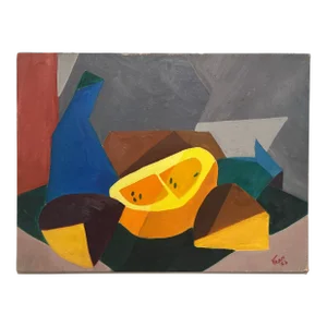 1953, Vivid Colored, Mid 20th Century Cubism Still Life Painting on Canvas, Signed, Dated