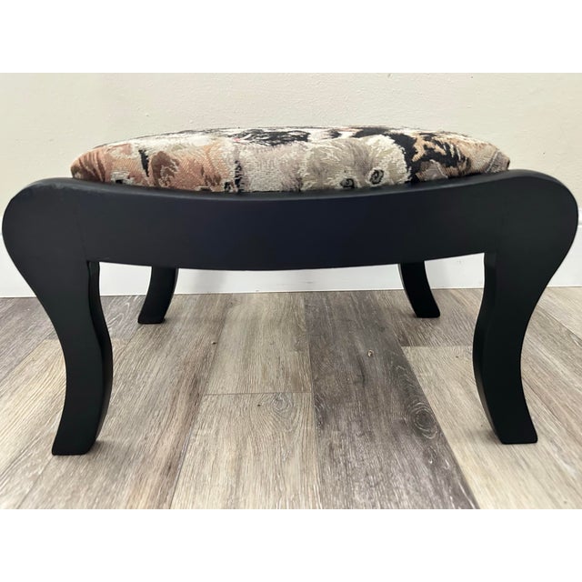 Antique Early 20th Century Victorian Footstool Black With Cat Tapestry Upholstered Cushion For Sale In Orlando - Image 6 of 9