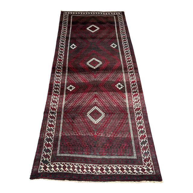 Vintage Afghan Baluchi Hand-Knotted Wool Runner | Deep Burgundy & Ivory Tribal Diamond Rug For Sale