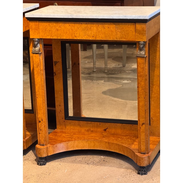19th Century 19th Century Pair Empire Consoles With Burlwood and Marble Tops For Sale - Image 5 of 16
