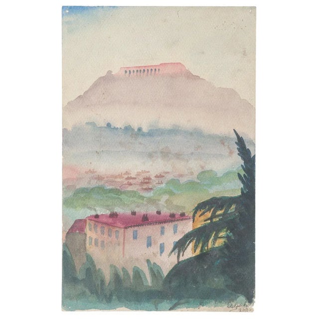 Athens: View of The Akropolis is an original drawing in tempera and watercolor on paper, realized by Jean Delpech...