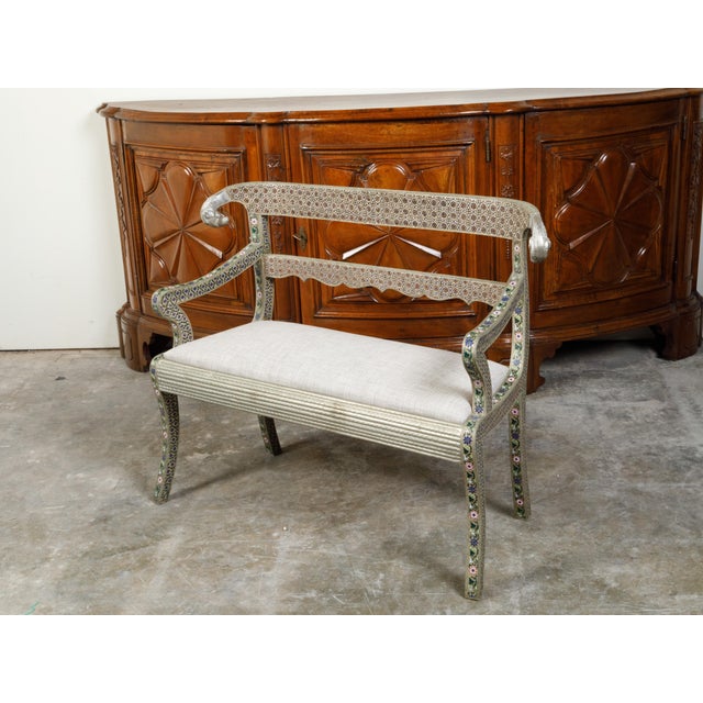 1930s Moroccan Metal Upholstered Settee With Enamel Décor and Rams' Heads For Sale In Atlanta - Image 6 of 12