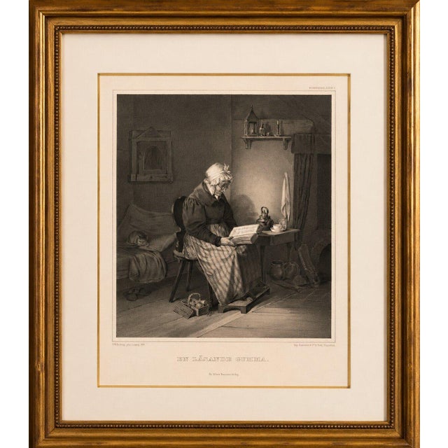 Title: Antique Swedish Interior Genre Lithograph, Reading Grandmother, 1850 A charming original nineteenth-century Swedish...